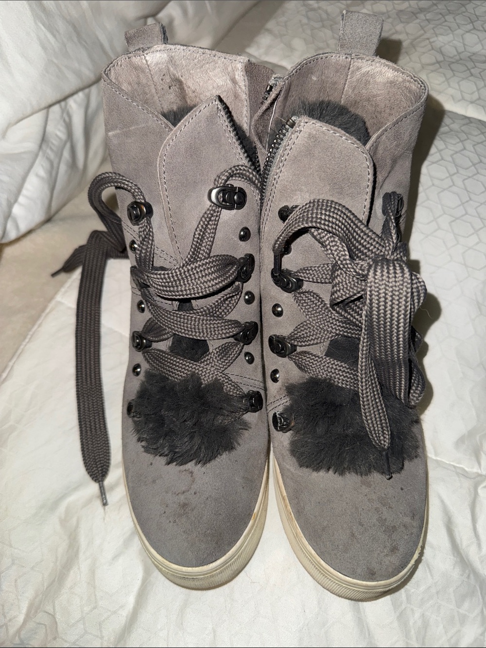 J Slides Gray Suede Lace-Up Pom Pom Boots